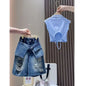 Girls' Set 2026New Mid sized Children's Short sleeved T-shirt Children's Fashionable Girls' Cowboy Five point Shorts 2 piece Set