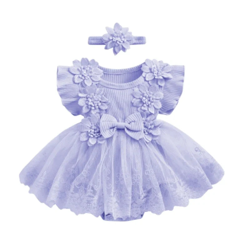 3D Flower Summer Baby Girls Romper Princess Mesh Newborn Clothes Lace