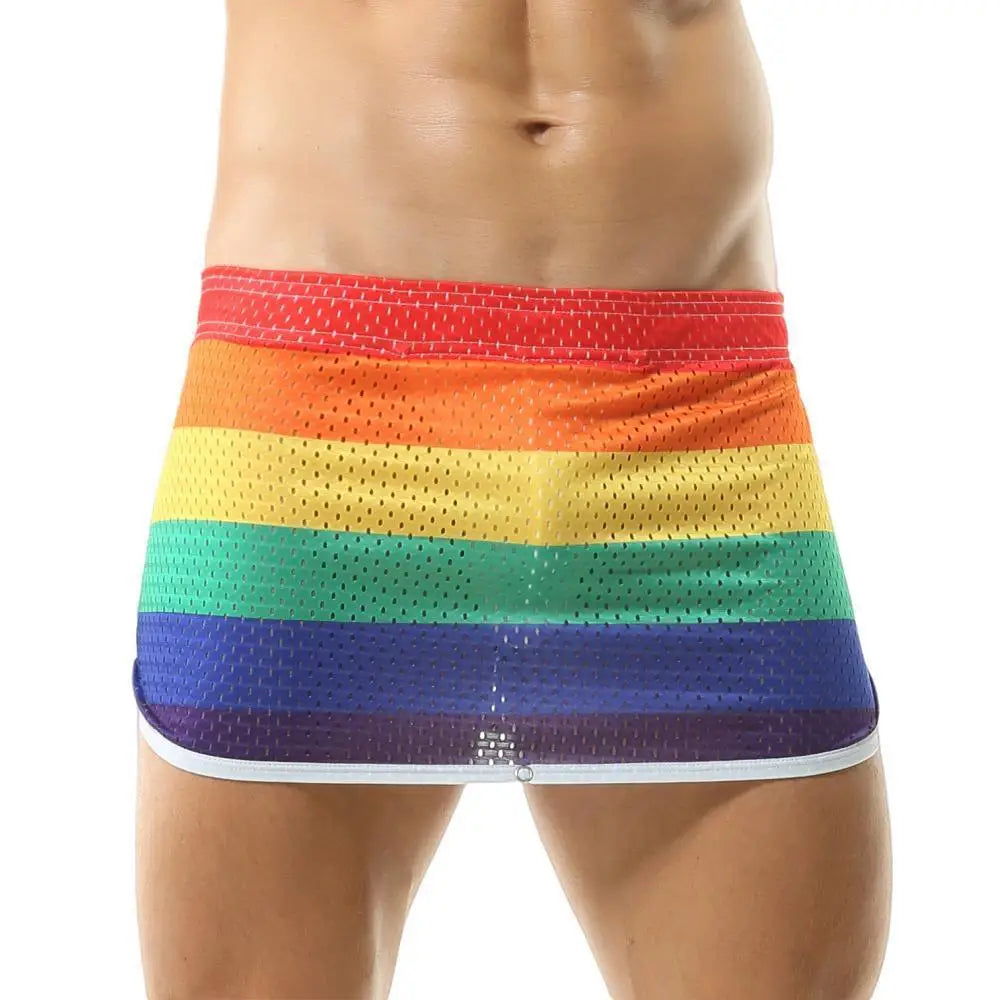 Men's Pajamas Shorts Skirts Breathable Mesh Elastic Underwear Boxer Shorts Sexy Homewear Men Sleep Bottoms Rainbow Shorts