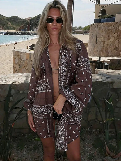 Fashion Paisley Floral Printed Oversized Shirts Square Scarf Skirt Wide Leg Long Pants Sets 2026 Summer Vacation Beach Outfits