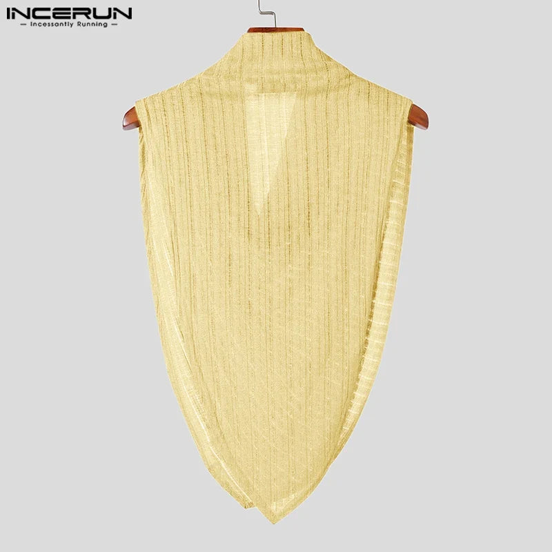 INCERUN Men Irregular Tank Tops Solid Color Turtleneck Sleeveless Transparent Vests Summer Streetwear 2024 Fashion Men Clothing