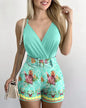 2025 Women'Camisole Vest+Shorts 2-Piece Sets 2025 Summer Sexy Slim Female V-neck Plant Print Short Pants Suits With Belt S-XXL