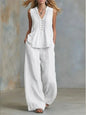 Fashion Pleated V-neck Sleeveless Women's Tops 2-piece Summer Casual Loose Wide-leg Trousers Female Elegant Office Trousers Set