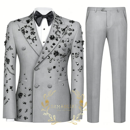 Fashion Burgundy Boy Suit Crystals Wedding Tuxedo Double Breasted Formal Child 2 Pieces Blazer Pants costume enfant garçon