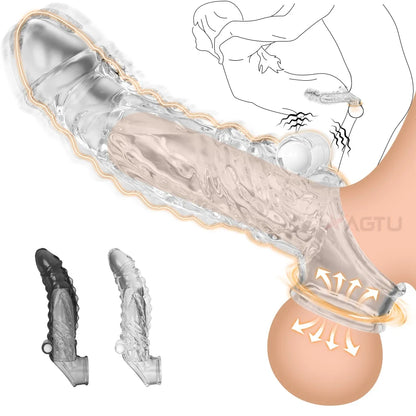 Bullet Vibrator Ring Clear Cock Ring Extender Reusable Penis Sleeve Ultra-Soft Enlarger for Couples Vibrating Dildo Sex Toys Men