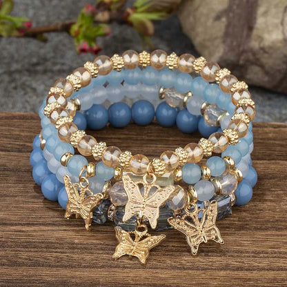 4pcs Bohemian Butterfly Charm Bracelet Set for Women Crystal Beads