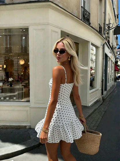Summer New Women's Polka Dot Mini Dress, Sexy Spaghetti Strap Ruffle