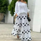 Spring Summer Elegant Fashion Print Women's Set Two-piece Casual One-Neck Off-Shoulder Long-Sleeve Solid Top Loose Culottes Suit