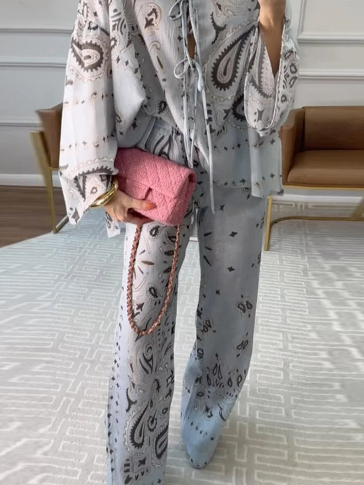 Casual Printed Women's Shirt Trouser Suits Lace Up Long Sleeve Loose