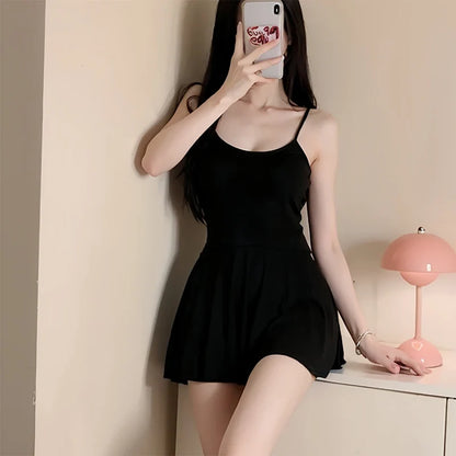 Women Sexy Halter Backless Slim V-neck  Mini Dress Smooth  Allure Pleated Micro MINI Dress Fashion Uniform Party Night Outfits
