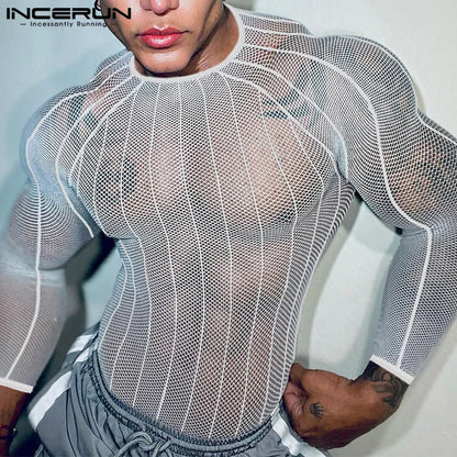 Party Nightclub Style Tops INCERUN Men's See-through Thin Design T-shirts Sexy Leisure Male Hot Sale Long Sleeved Camiseta S-3XL