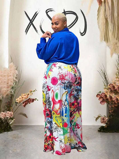 2piece Woman Outfit Streetwear Blue Silk Blouses Women Plus Size