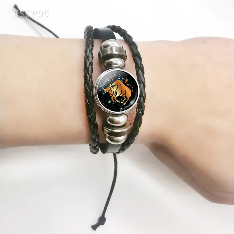 12 Zodiac Signs Leather Bracelet for Men Women Virgo Libra Scorpio Aries Taurus  Braided Rope Bracelets Birthday Gift Wholesale