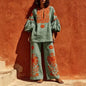 New Summer Women Boho Linen 2 Piece Outfit Floral Print Lantern Sleeve O Neck Blouse Wide Leg Pants Autumn Vintage Holiday Sets
