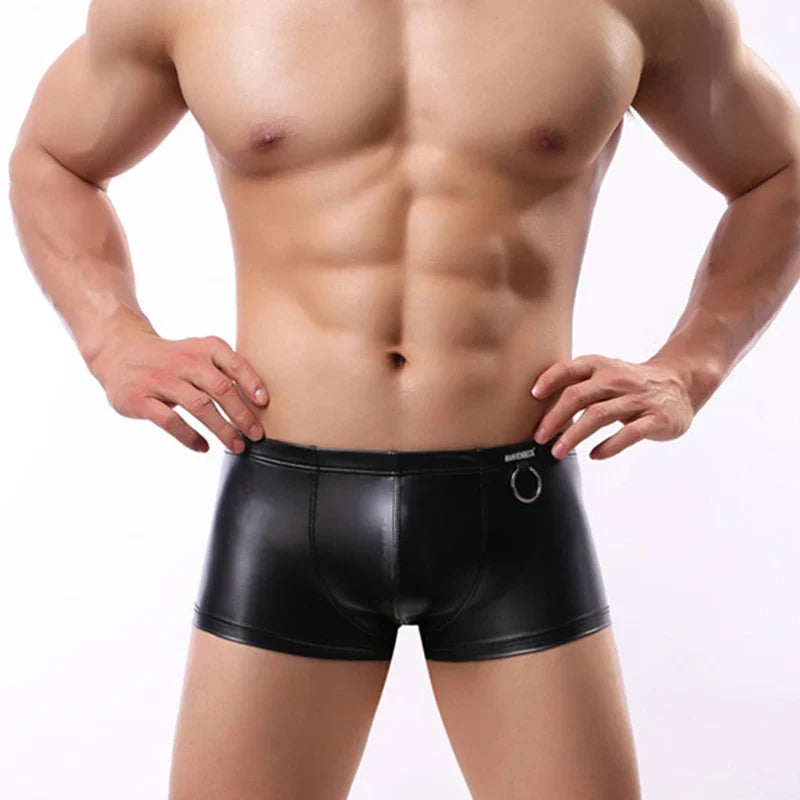 Men's Sexy Boxer Briefs Faux Leather PU Underwear Wetlook Exotic Lingerie Bulge Penis Pouch Fetish Costume BDSM Bondage Cosplay