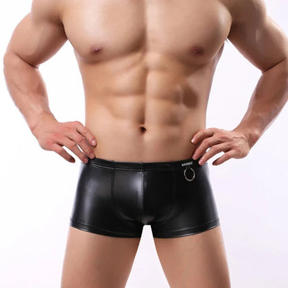 Men's Sexy Boxer Briefs Faux Leather PU Underwear Wetlook Exotic Lingerie Bulge Penis Pouch Fetish Costume BDSM Bondage Cosplay