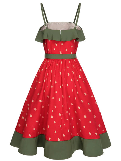 Plus Size Strawberry Print Dress Women's Red Strapless Sundress Green Lace Trim Summer Dress Free Shipping