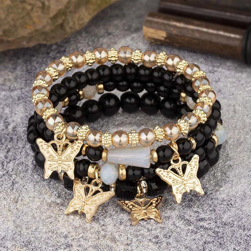 4pcs Bohemian Butterfly Charm Bracelet Set for Women Crystal Beads