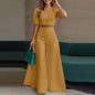 Women Elegant Solid Two Piece Sets Summer Short Sleeve Button-down Crop Blouse Top High Waist Wide-leg Pants Set Casual Outfits