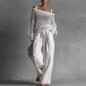 Off Shoulder Hollow Knit Womens 2 Piece Set Long Sleeve High Waist Wide Leg Pants Outfit Casual Loose Summer Beach Vacation Suit