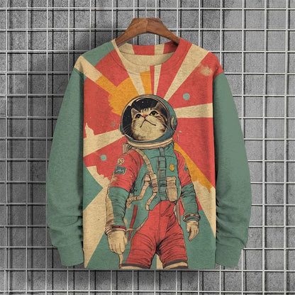Japanese Pattern Sweatshirts For Men Space Cat 3D Printed Pullover Autumn Oversized O-Neck Hoodies Long Sleeves Clothing Tops