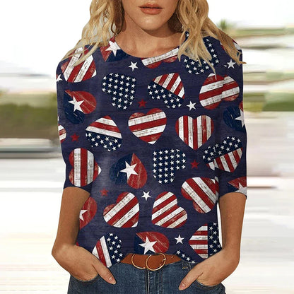 2024 New Women's American Flag Pattern Long Sleeve T-Shirt Designer Trendy Clothing Casual Pullover Round Neck Fashion T-Shirt
