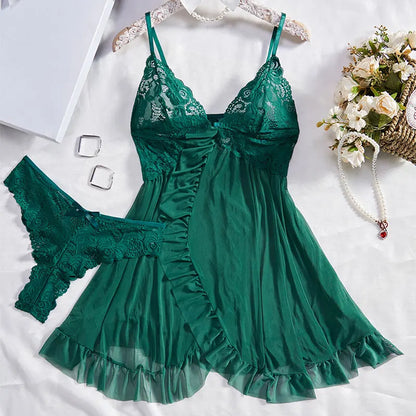 Ultra Sexy Lingerie Women Lace SeeThrough Nightdress Erotic PajamasSolid Soft Slim V Neck Sleepwear Summer Dress & Thong Kit