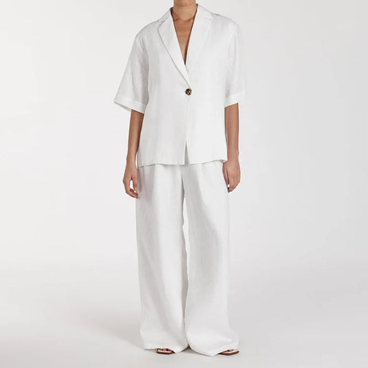 New Cotton Turn-Down Collar Half-Sleeve Top Wide-Leg Pants Two-Piece