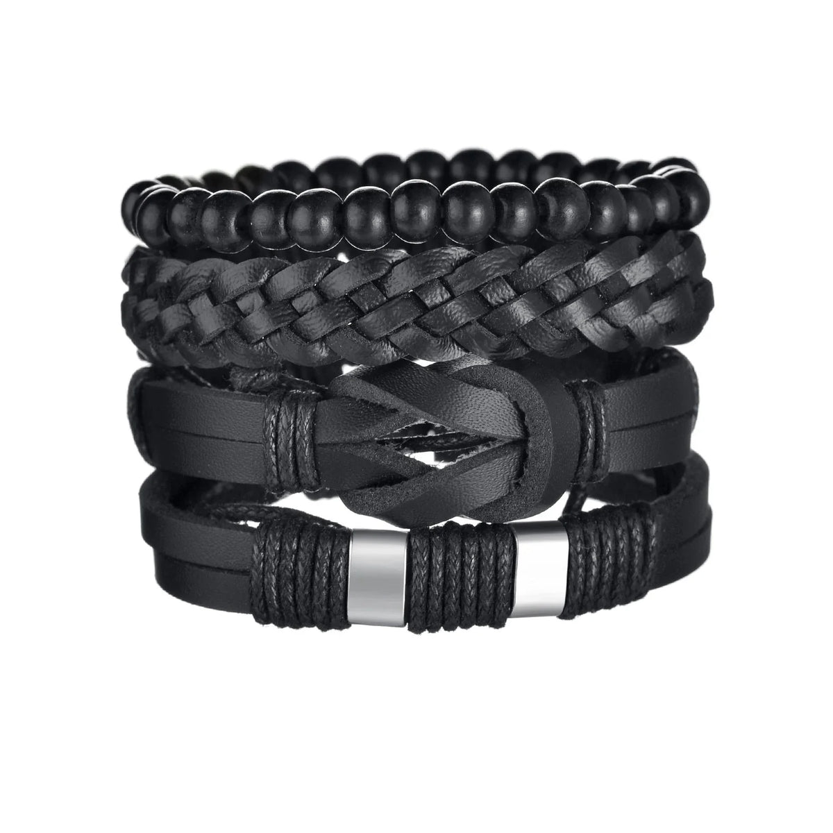 New Trendy Retro 4pcs/Set Bracelets & Bangles Men's Multilayer Black Leather Jewelry Charm Pulseiras Boyfriend Wristband