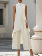 Sleeveless High Neck Jumpsuit With Asymmetric Draped Overlay Wide Leg Culottes Elegant Formal Evening Wear For Women