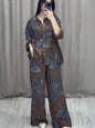 Fashion Printed Single Breasted Boho Shirt Elegant O-neck Single Breasted Shirt Wide Legs Trousers Office Commuter Two-piece Set
