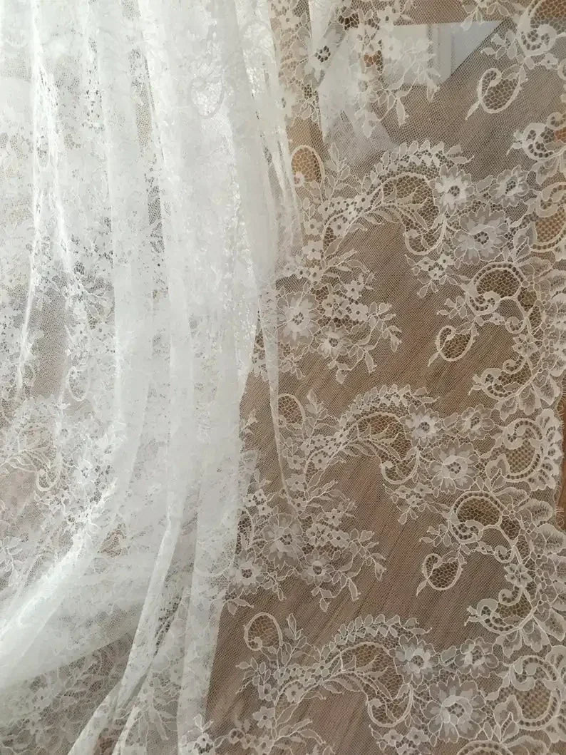 3Meters/lot Off White French Chantilly Lace Fabric , Eyelash Embroidery Lace Craft Bridal Veil Lace Accessory 150cm Width