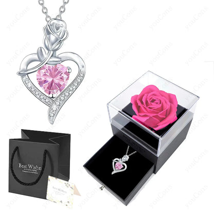 Luxury Red Zircon Heart Necklace With Rose Flower Gift Box For Girlfriend Birthday Valentine Gift  Romantic Accessories