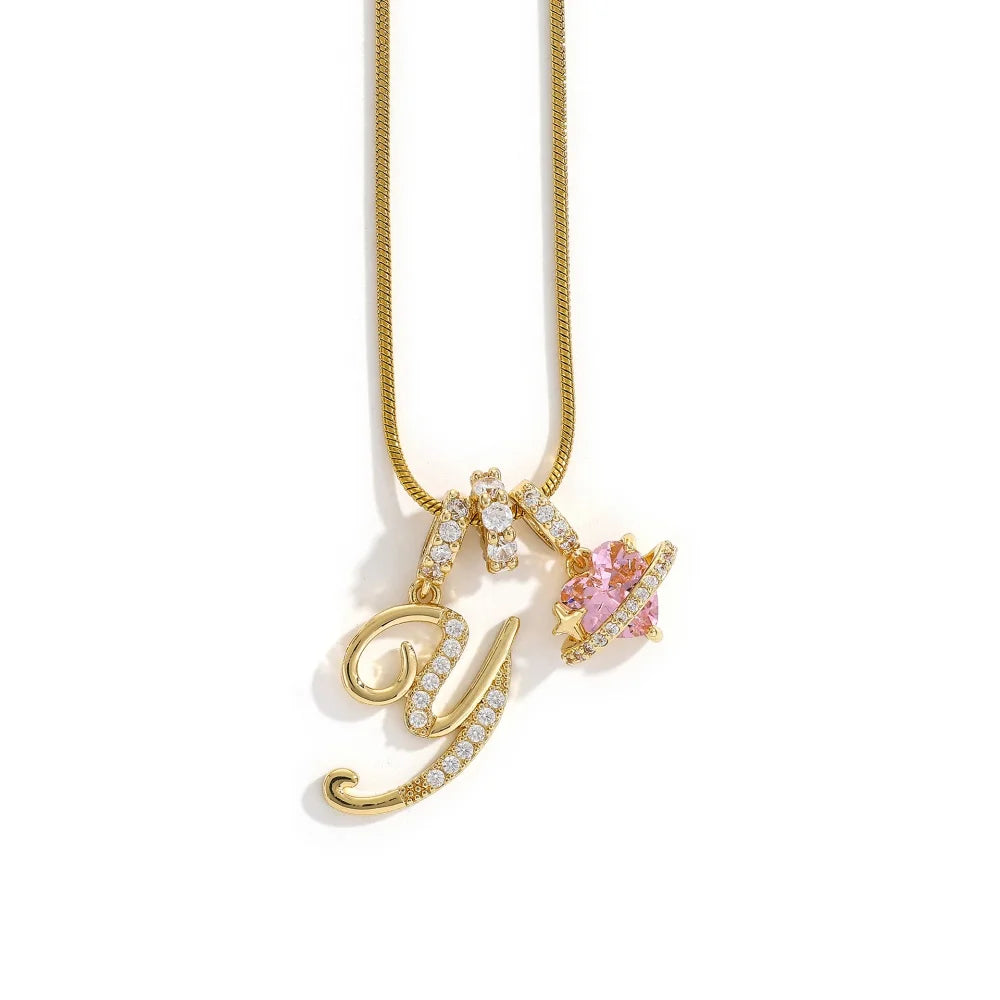 Gold Color Zircon Flower Pendant Necklace Female A-Z 26 Letter Alphabet Wedding Jewelry Gift for Women