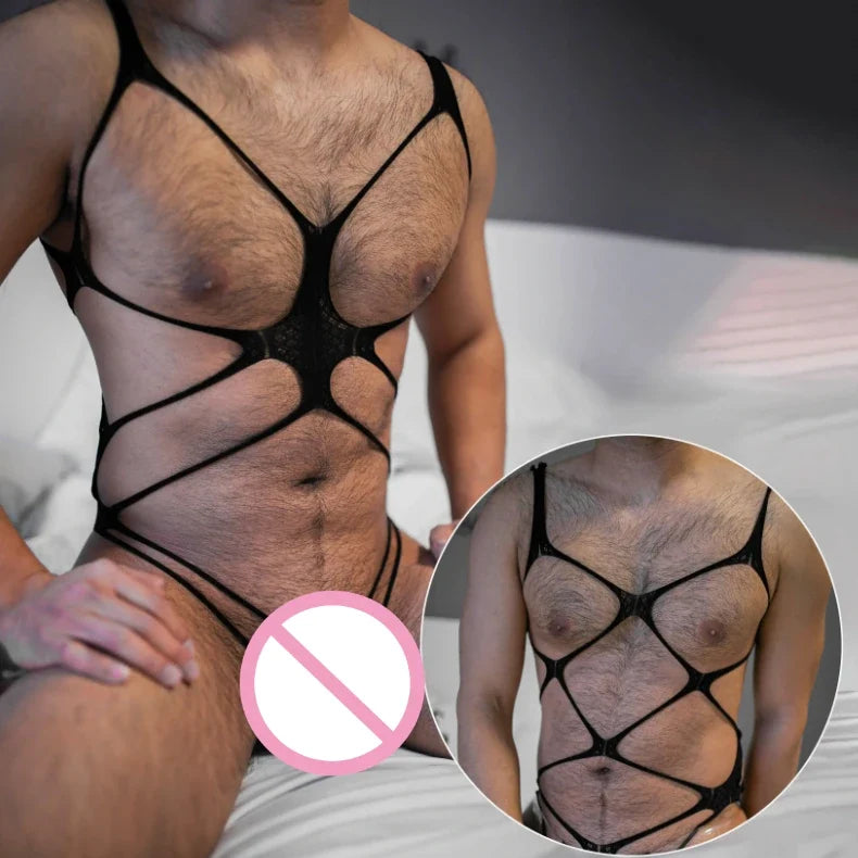 Muscle Men's Underwear Fishnet Bodysuits Male Sleepwear Man Club Wear Black Red Body Sexy Costumes Dropshipping