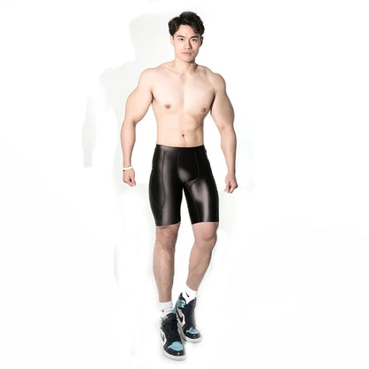 AMORESY Men's Sexy Smooth Shiny Medium Waist Sportswear Elastic Tights Silk Pants Running Sports Breathable Fitness Beach Shorts