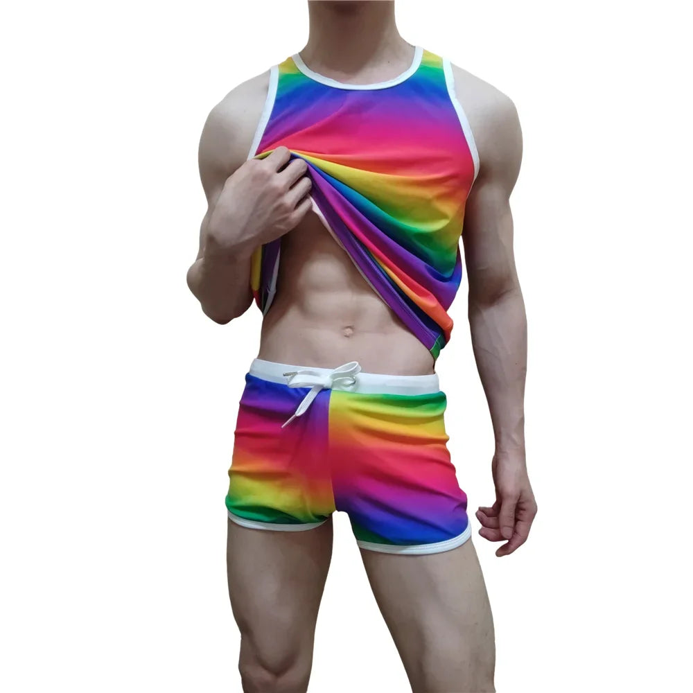 Sets Men's Tank Top Men's Sleeveless Top and Swimming Trunks Short Beach Pants Ice Silk Print Comfortable Fashion Outdoor Sports
