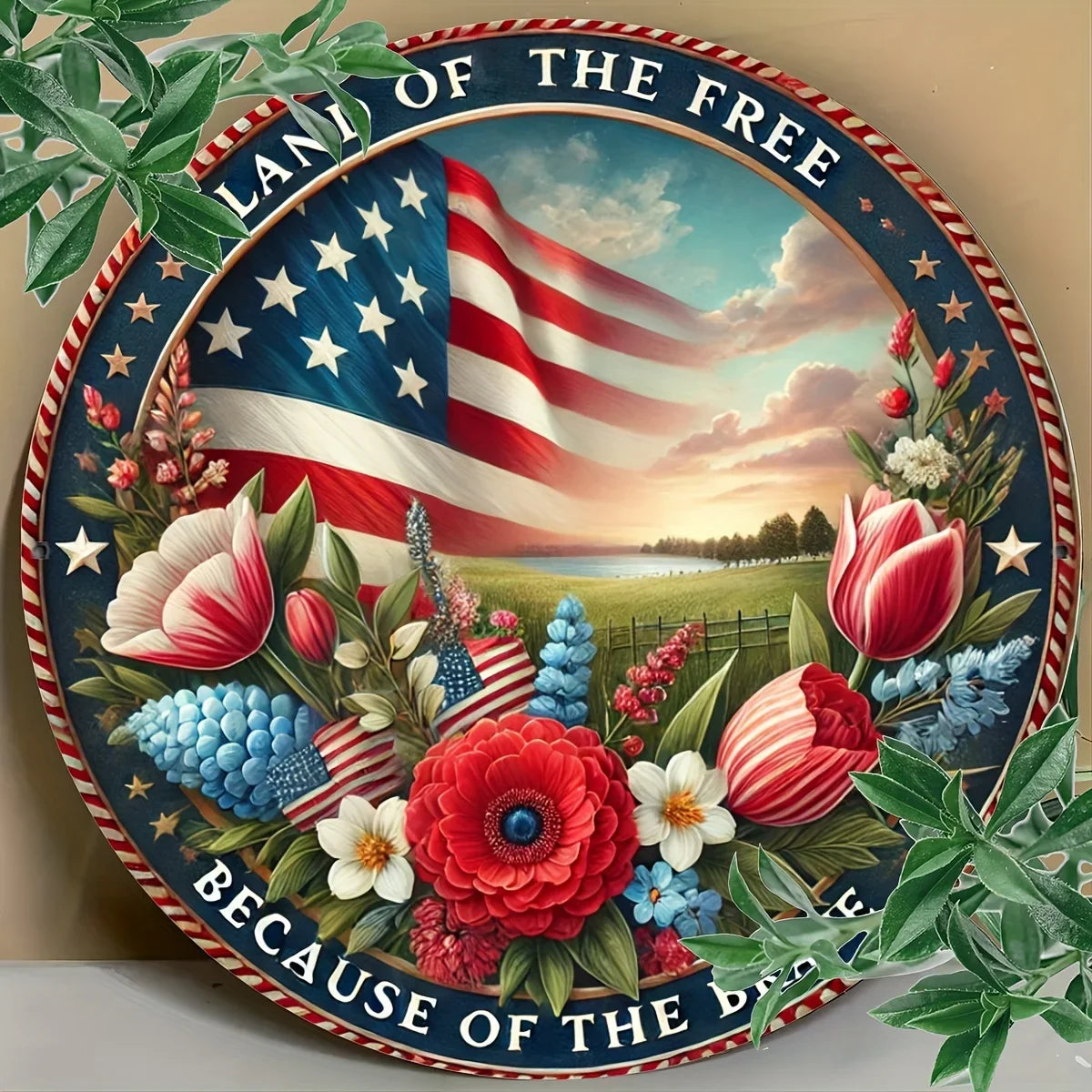 Patriotic Aluminum Foil Engraved Sign - Freedom Land Metal Wreath Door Decor, Round Plaque for Home Decor