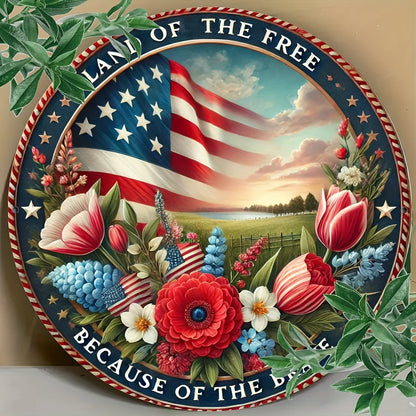 Patriotic Aluminum Foil Engraved Sign - Freedom Land Metal Wreath Door Decor, Round Plaque for Home Decor