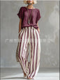 Fashion Linen Printed Striped Trousers Short-sleeved Women 2piece Set Summer New Retro Loose Wide-leg Trousers Female Casual Set