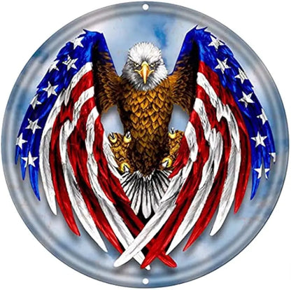 Round Metal Tin Sign Rustic Wall Decor,Patriotic American Flag Eagle,Suitable for Home and Kitchen Bar Cafe Garage Wall Decor
