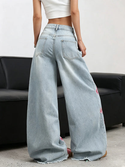 American Retro Plum Blossom Embroidery Design Blue Women's Loose Wide-Leg Jeans Y2K Street Fashion Versatile Straight Trousers