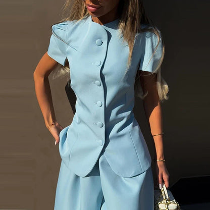 Elegant Short Sleeve Top Pants Set Women's Solid Single-breasted O Neck Waist-cinching Tops Loose Lantern Trousers 2026 Outfits