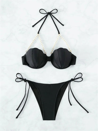Sexy Shell Shape Underwire Bikini Tie Side Thong Bikinis Swimwear Women 2025 Black Pearls Strap Push Up Bathing Suit Swimsuit
