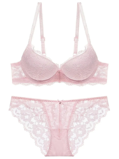 1 Set Elegant Lace Embroidery & Breathable Fabric Lingerie Set: Push-Up Bra, Drop Waist Sheer Panty - Ultimate Valentine's Day