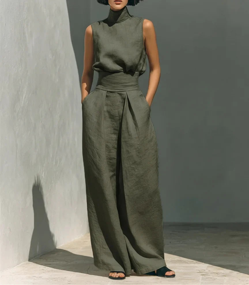 Casual Solid Cotton Linen Two-Piece Set for Women Sleeveless