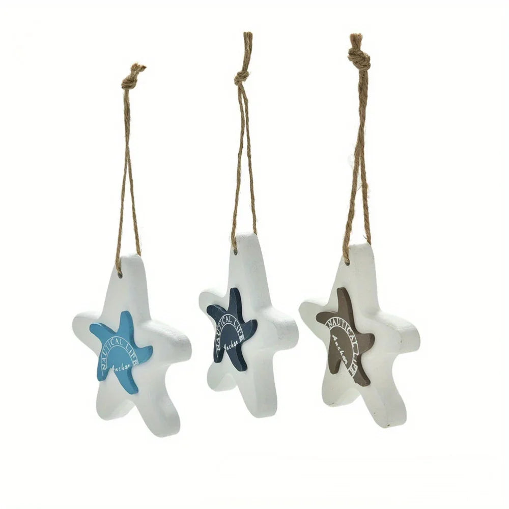 3Pcs/Set Wood Crafts Mediterranean Starfish Hung Fish Nautical Decor Hang Decorated Marine Pendant