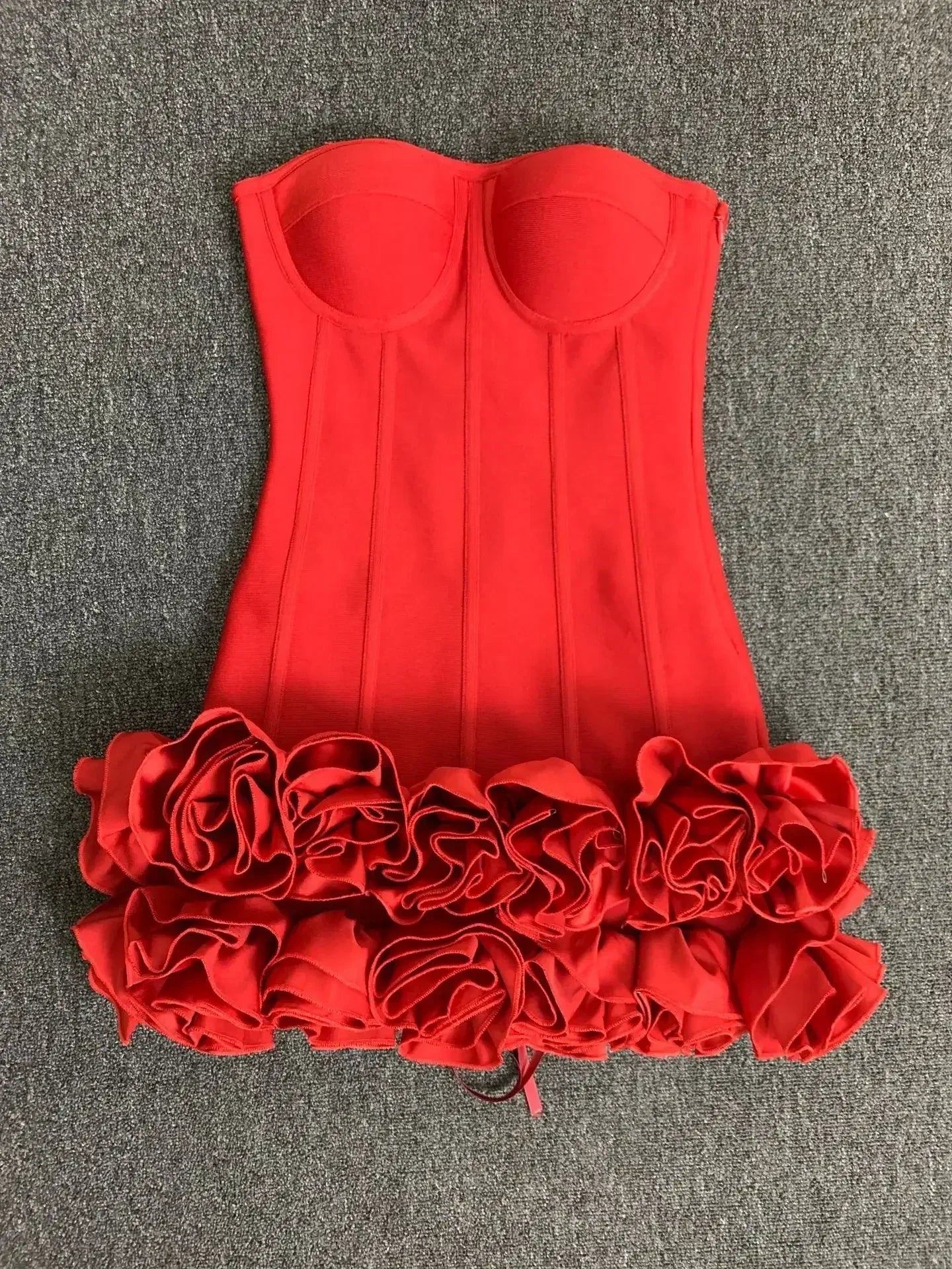 Real Photos Women New Bandage Dress Strapless Laced Up Back Flowers Hem Bodycon Mini Celebrity Evening Party Birthday Dresses