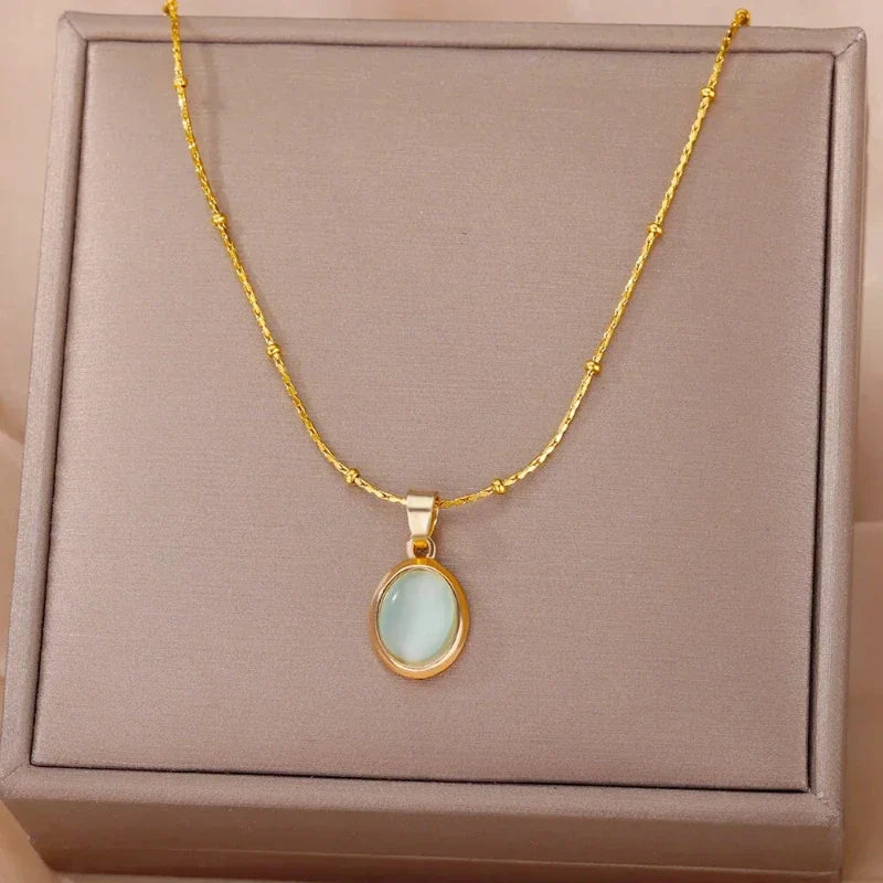 Fashion Stone Opal Oval Necklace For Women Stainless Steel Gold Color Oval Stone Pendant Necklace Wedding Aesthetic Jewelry Gift