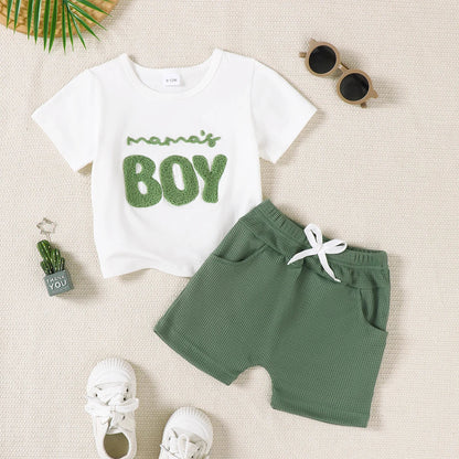 2pcs Baby Boy Set Mom's Boy Letter Pattern Short Sleeve+shorts Set